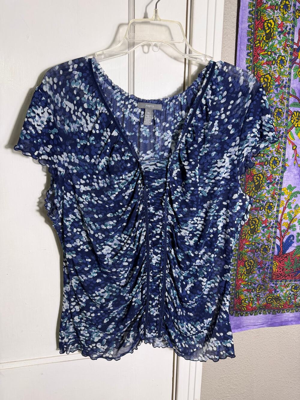Apt 9 XL Blue Mesh Ruched Top Abstract Print Draped Short Sleeve Blouse